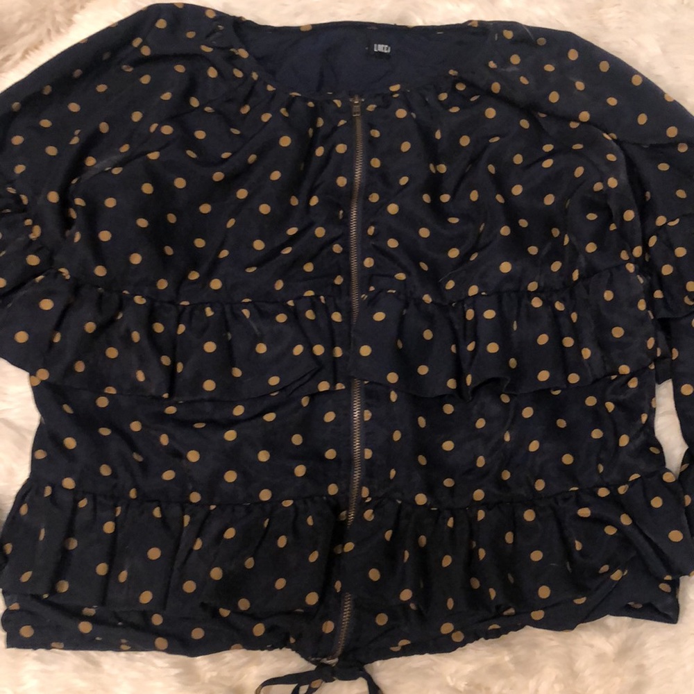 Lucca Couture Zip Up Tiered Navy w/ Tan Polka Dots Ruffle Long Sleeve Jacket Sm - Picture 3 of 10